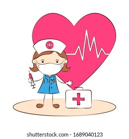 Doctor wearing protective medical mask on face. Female nurse or doctor character with syringe. Medical staff. Healthcare. Vector Illustration