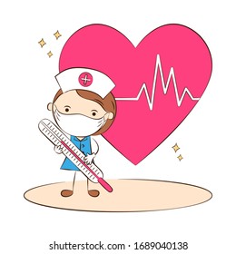Doctor wearing protective medical mask on face. Female nurse or doctor character with thermometer. Medical staff. Healthcare. Vector Illustration
