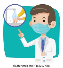 Doctor wearing protective surgical mask and advise people to wash hands and stay clean to protect against virus - vector character