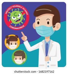 Doctor wearing protective surgical mask and told people to wear surgical mask to protect against virus coronavirus Covid-19 - vector character