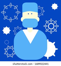  Doctor wearing sanitary mask Corona virus design with infected lungs and virus microscopic view background. Respiratory system.