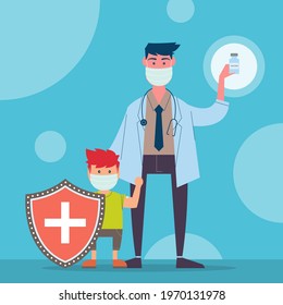 Doctor wearing sanitary mask with stethoscope and cute little boy holding protective shield. Flat Vector illustration.