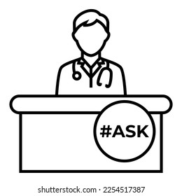 Doctor wearing a stethoscope, sitting behind the desk with quote text ask logo symbol vector design illustration icon.