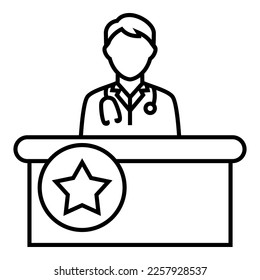 Doctor wearing a stethoscope, sitting behind the desk with star rating premium services logo symbol vector design illustration icon.