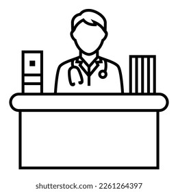 Doctor wearing a stethoscope, sitting behind the desk with books and documents logo symbol vector design illustration icon.