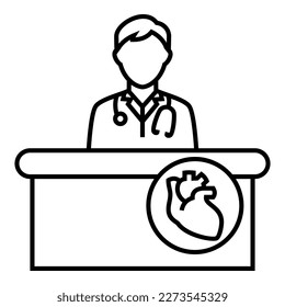 Doctor wearing a stethoscope, sitting behind the desk with heart logo symbol vector design illustration icon.