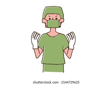  Doctor wearing surgical gown, comical handwritten person vector, color on line drawing
