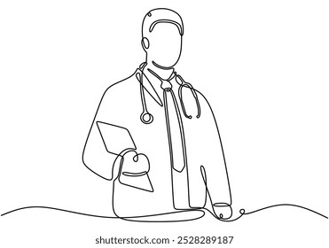 Doctor wearing uniform, stethoscope while carrying book continuous line drawing. Healthcare concept. Vector illustration minimalist isolated on white background.