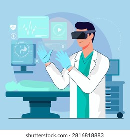 Doctor Wearing VR Headset Performing Virtual Surgery Concept Vector Illustration with Holographic Medical Interfaces