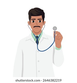 Doctor wearing a white coat and holding a stethoscope, professionalism and care in healthcare. Flat Vector character illustration