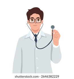 Doctor wearing a white coat and holding a stethoscope, professionalism and care in healthcare. Flat Vector character illustration