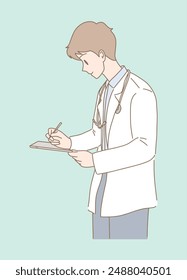 Doctor wearing white coat, stethoscope, holding digital tablet computer. Physician writing, checking patient e-profile for distance consultation. Hand drawn flat cartoon character vector illustration.