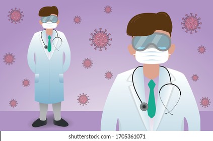 Doctor wears face masks and glasses shield to protect coronavirus pandemic. COVID-19 crisis concept.