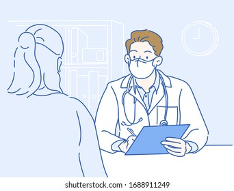 The doctor wears a mask, he questioning the patient's fever. Medicine, Healthcare and people concept. Hand drawn in thin line style, vector illustrations.