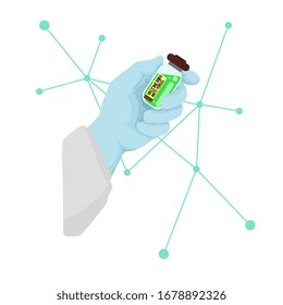 The doctor wears rubber gloves and hold the vaccine bottle in the hand,The vaccine bottle wrote (VACCINE ANTI-VIRUS),with an graphic in the background,For medical,Vector illustration.