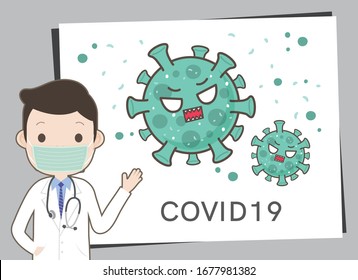 Doctor wears surgical mask and point his hand to the board with teaching about Corona Virus Covid19 body.