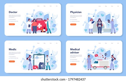 Doctor web banner or landing page set. Therapist examine a patient. General health specialist. Medicine and healthcare concept. Vector flat style cartoon illustration