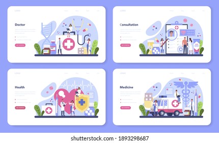 Doctor web banner or landing page set. Healthcare, medicine treatment, expertize and diagnostic. Medical specialist in the uniform. Medical consultation and recovery. Isolated vector illustration