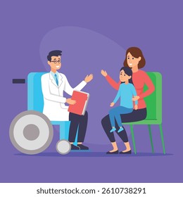 Doctor in wheelchair engaging with young patient and her parent. Interaction showcasing friendly atmosphere in medical environment. They discussing health concerns