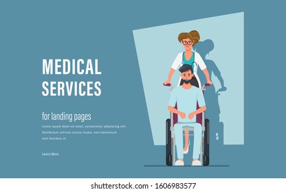 Doctor with wheelchair patient. Medical services character helper illness.