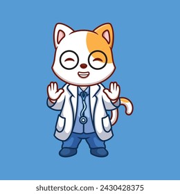 Doctor White Cat Cute Cartoon Illustration