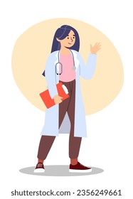 Doctor in white coat concept. Young girl with stethoscope in medical uniform. Healthcare worker with documents. Medicine and treatment. Nurse and therapist. Cartoon flat vector illustration