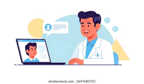 A doctor in a white coat is consulting with a patient on a laptop screen. The patient looks concerned during the telemedicine appointment.
