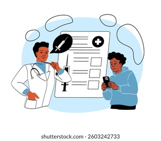 Doctor in white coat consulting a young patient about vaccination, with checklist and syringe icon in background. Patient is using smartphone. Medical consultation concept. Vector illustration