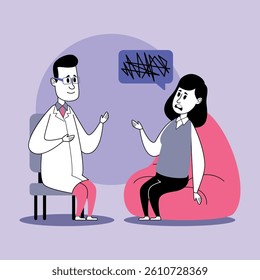 Doctor in white coat engaged in conversation with female patient in relaxed environment. Doctor listening attentively while patient expressing feelings