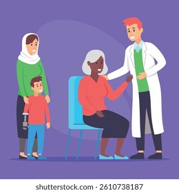 Doctor in white coat engaging with elderly patient seated in chair, while woman and boy with prosthetic arm standing nearby, creating supportive atmosphere