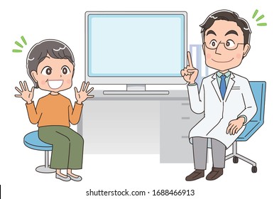 A doctor in a white coat examines a woman.There is a desk and a computer between them.