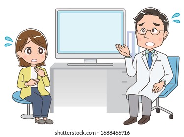 A doctor in a white coat examines a woman.There is a desk and a computer between them.
