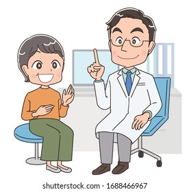 A doctor in a white coat examines a woman.They have positive emotions.