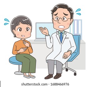 A doctor in a white coat examines a woman.They have negative emotions.