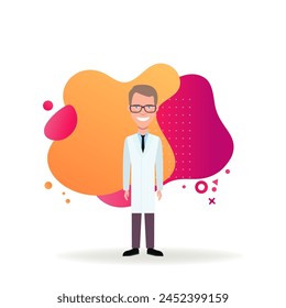 Doctor in white coat flat vector illustration. Smiling man in eyeglasses and lab coat. Medicine, healthcare, science, occupation, hospital concept for web design, banner or landing page