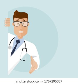 A doctor in a white coat and glasses peeks around the corner and holds out his hand to shake