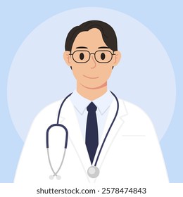 Doctor in white coat, with glasses and stethoscope. Young doctor - vector illustration.