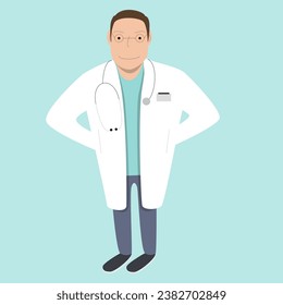 Doctor in white coat. Hands in pockets. Stock vector illustration.