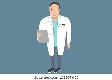 Doctor in white coat is holding clipboard in hand. Stock vector illustration.