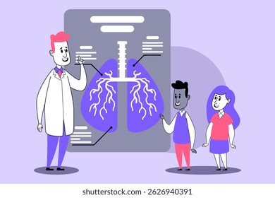 Doctor in white coat illustrating lung anatomy to two students. Engaging lesson with diagram of human lungs with detailed annotations