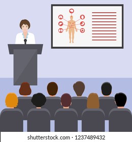 doctor in white coat on stage with screen. Medical and health seminar