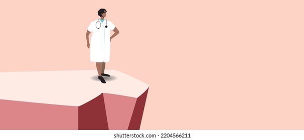 Doctor In White Coat On Top Of Cliff, Mountains, Flat Vector Stock Illustration Or Copies Space Pattern, Concept Of Medical Achievements