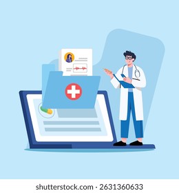 A doctor in white coat reviews a patient's health record displayed on a laptop, with a focus on digital healthcare and data management for medical professionals.