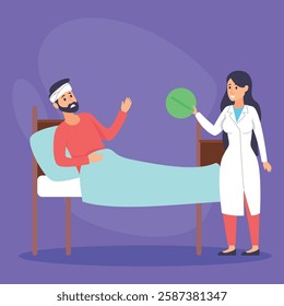 Doctor in white coat speaking with patient lying in bed. Man having head injury animatedly gesturing. Care and communication concept