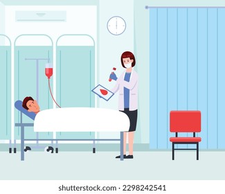 Un doctor con abrigo blanco está parado al lado de una cama de hospital con un corazón rojo en un costado