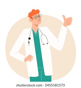 A doctor in a white coat stands and shows a thumb up