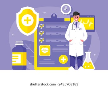 Doctor in a white coat stands with a stethoscope. Medical specialist. Health insurance policy. Health insurance form, and medicine. Healthcare concept. Vector graphics