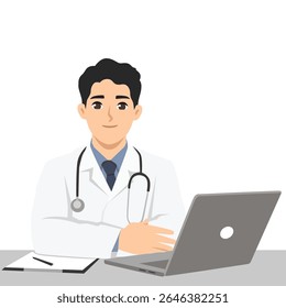 Doctor in a white coat with a stethoscope around his neck is sitting at a desk, working on a laptop. Flat Vector character illustration