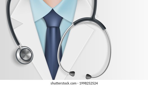 Doctor in a white coat with a stethoscope. Medical background with copy space. Vector illustration.