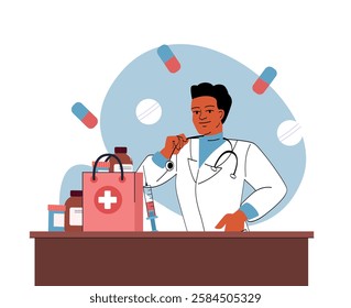 Doctor in white coat with stethoscope, medical supplies, and prescription bottles on desk, with pills in background. Healthcare concept